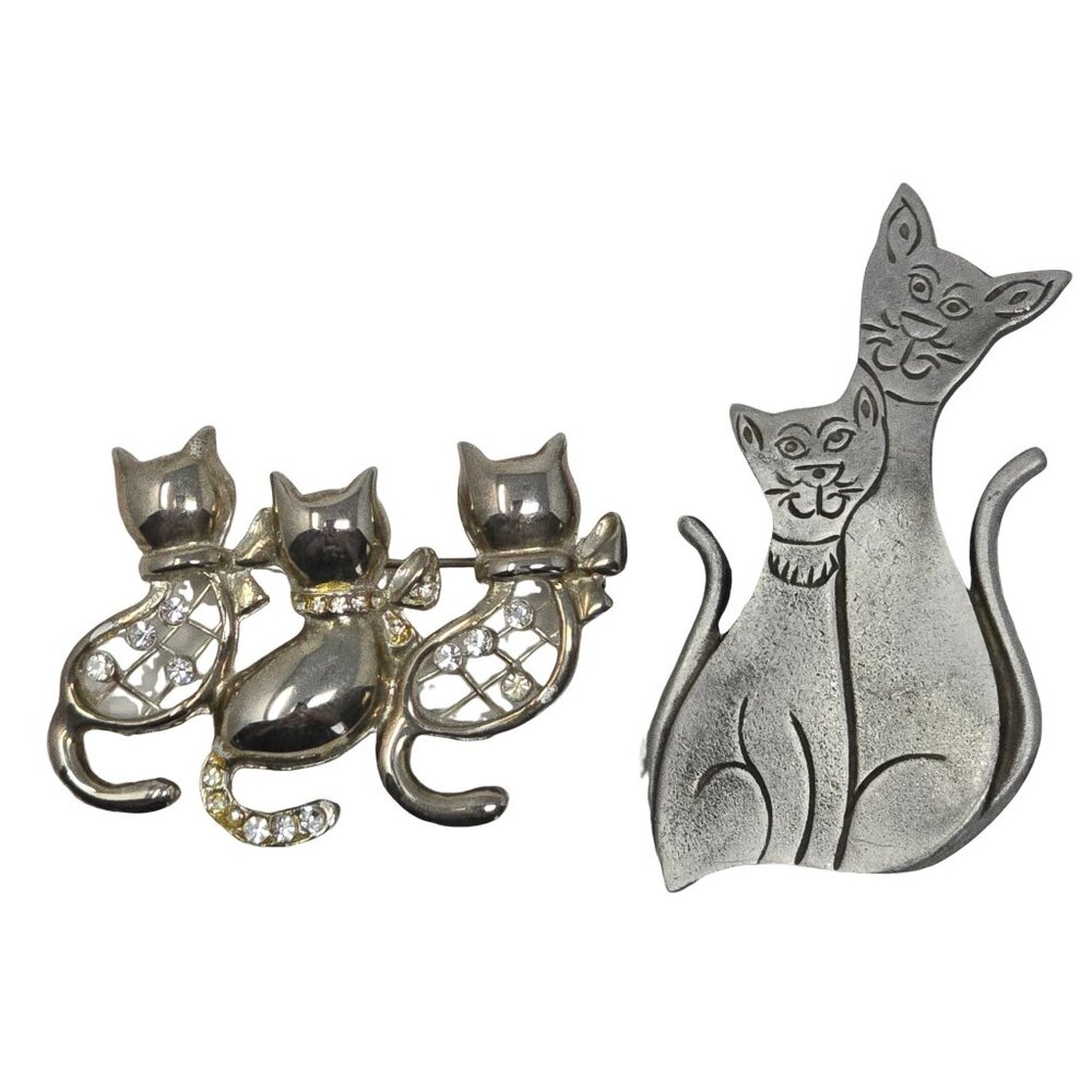 Vintage Cat Brooch Lot Rhinestone and Etched Pewter Kitty Pins Animal Jewelry